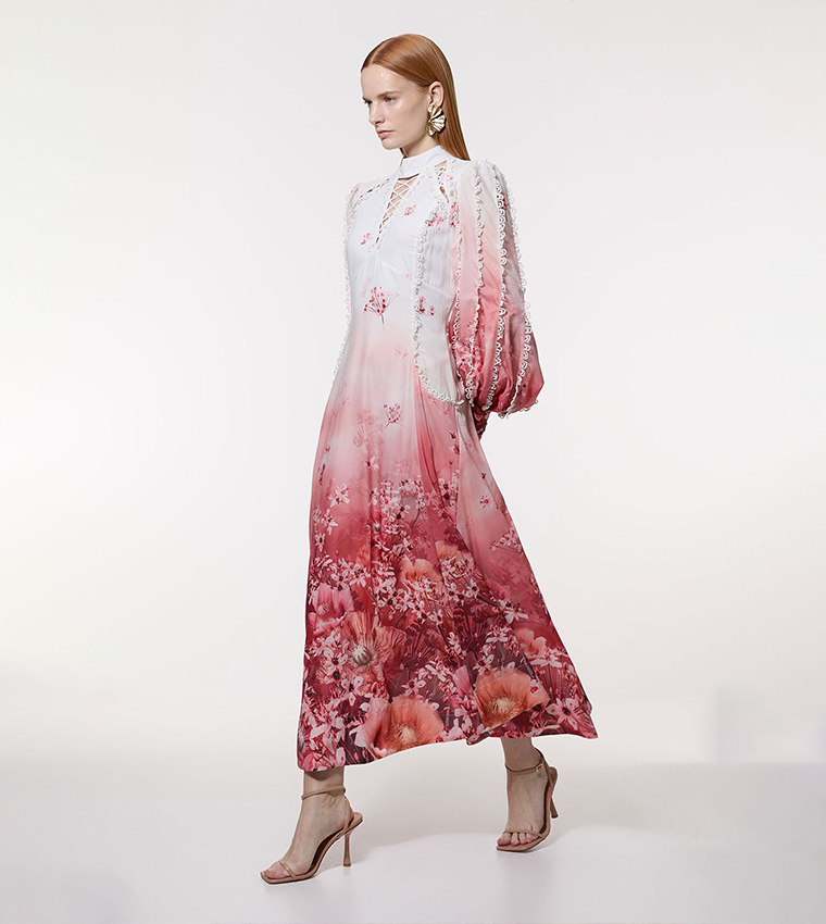 Trailing Floral Printed Woven High Neck Maxi Dress