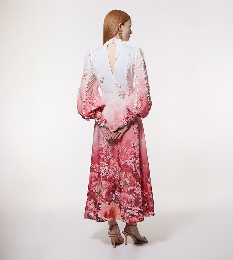 Trailing Floral Printed Woven High Neck Maxi Dress