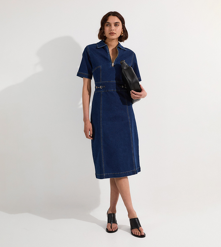 Stretch Denim Snaffle Trim Collared Midi Dress
