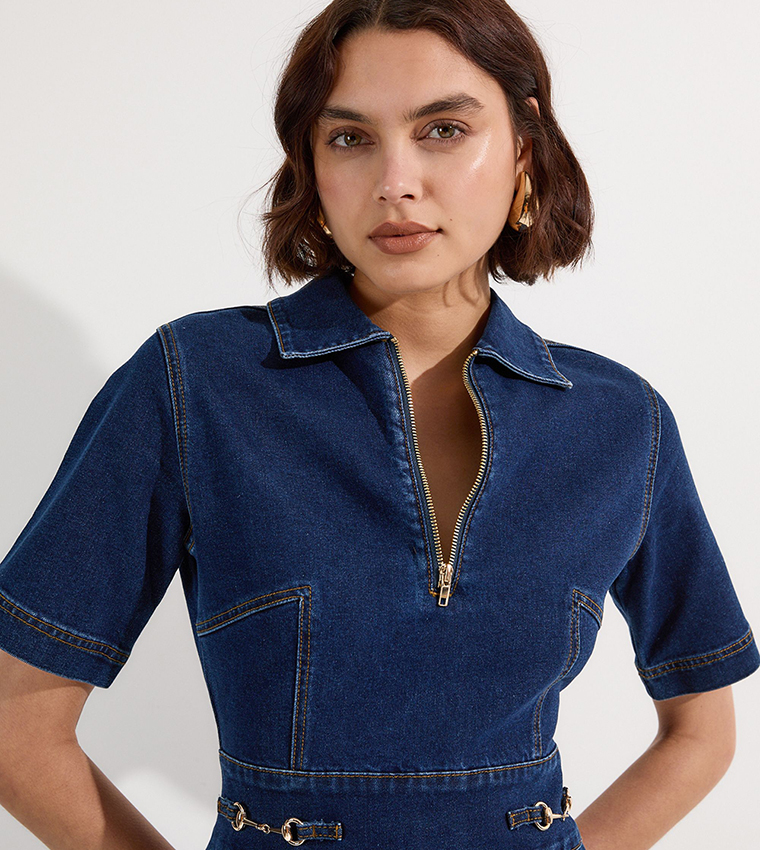 Stretch Denim Snaffle Trim Collared Midi Dress