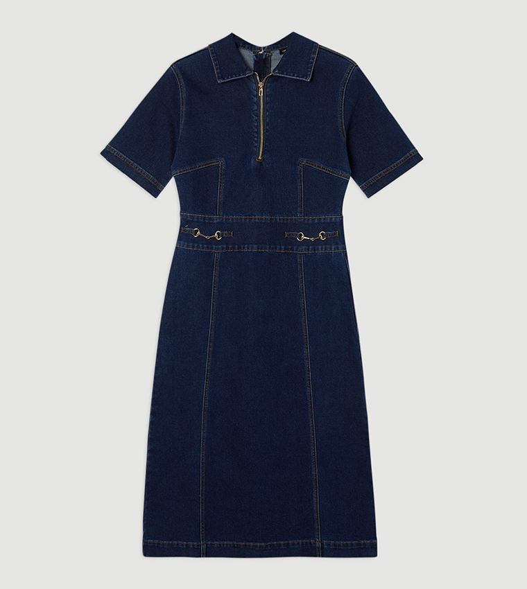 Stretch Denim Snaffle Trim Collared Midi Dress