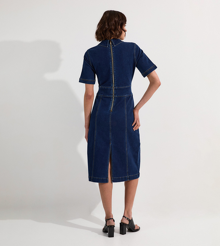 Stretch Denim Snaffle Trim Collared Midi Dress