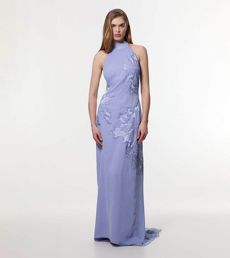 Appliqued and Lace Georgette Woven Halter Maxi Dress
