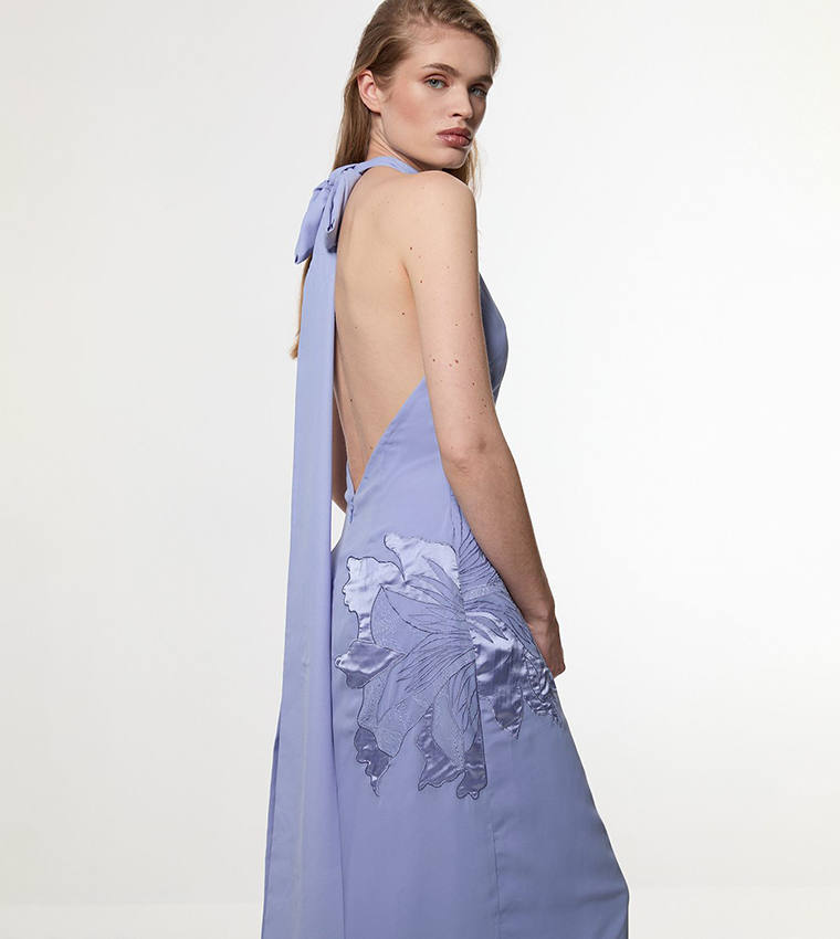 Appliqued and Lace Georgette Woven Halter Maxi Dress