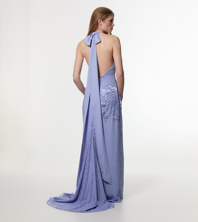 Appliqued and Lace Georgette Woven Halter Maxi Dress