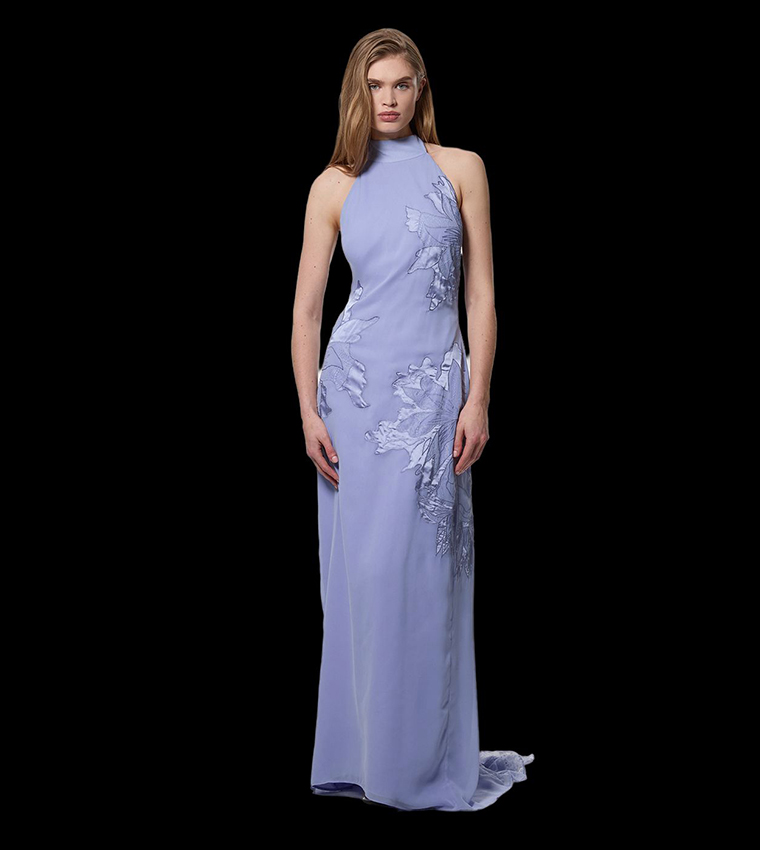 Appliqued and Lace Georgette Woven Halter Maxi Dress