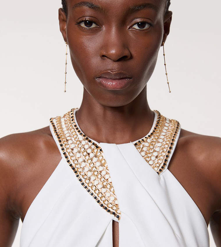 Petite Enamel Chain Detail Halter Neck Maxi Dress