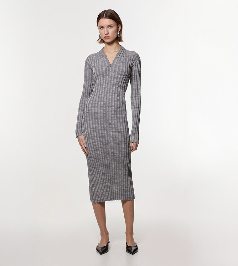 Twist Yarn Zip Detail Figure Form Ribbed Knitted Dress
