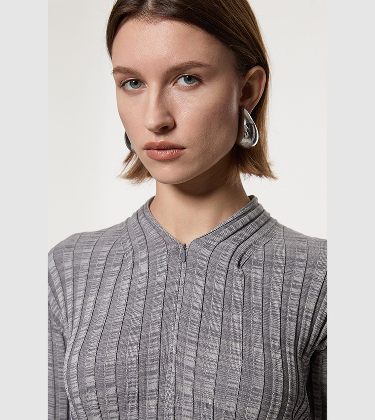 Twist Yarn Zip Detail Figure Form Ribbed Knitted Dress