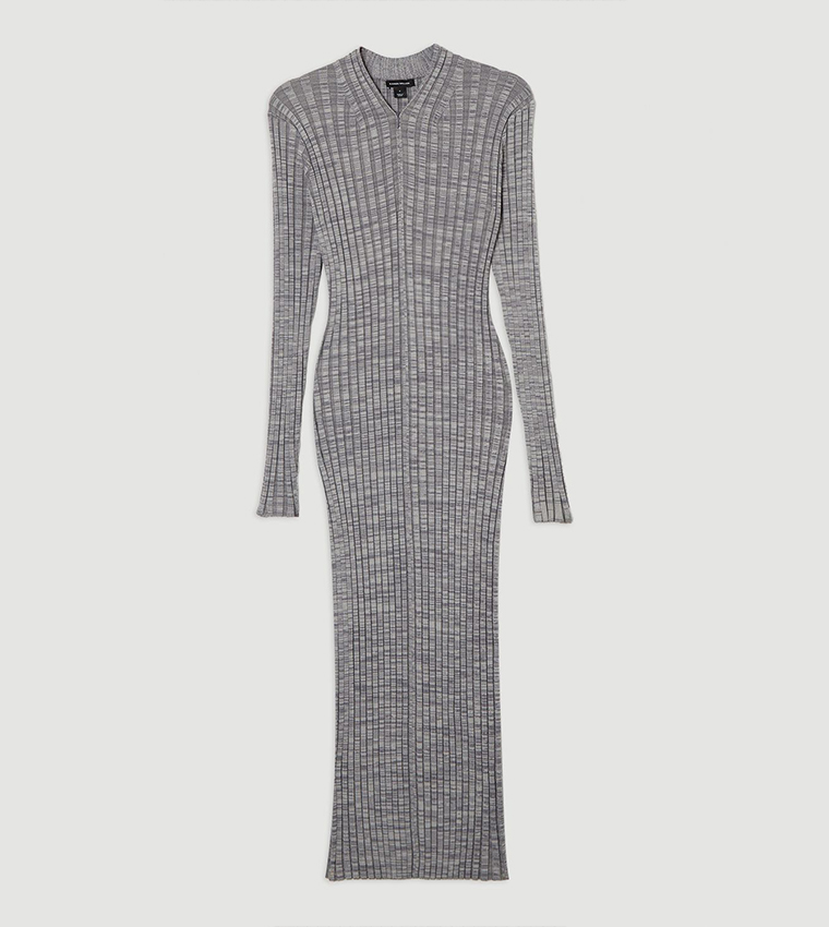 Twist Yarn Zip Detail Figure Form Ribbed Knitted Dress