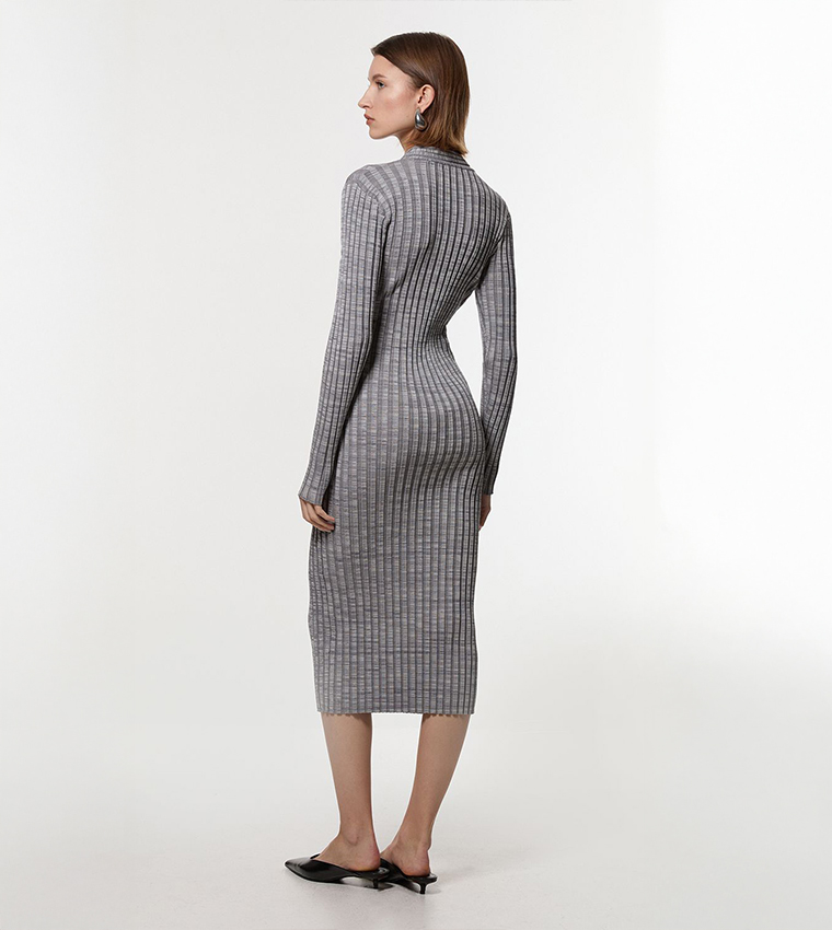 Twist Yarn Zip Detail Figure Form Ribbed Knitted Dress