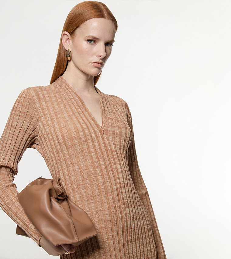 Twist Yarn Zip Detail Figure Form Ribbed Knitted Dress