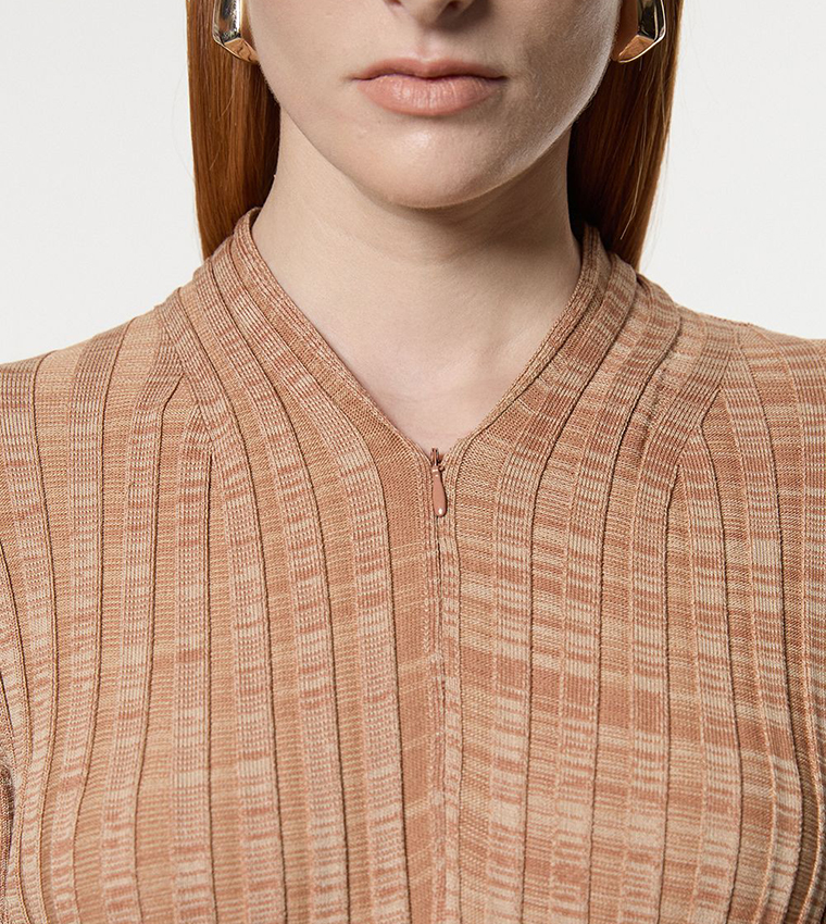 Twist Yarn Zip Detail Figure Form Ribbed Knitted Dress