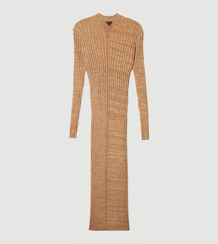Twist Yarn Zip Detail Figure Form Ribbed Knitted Dress