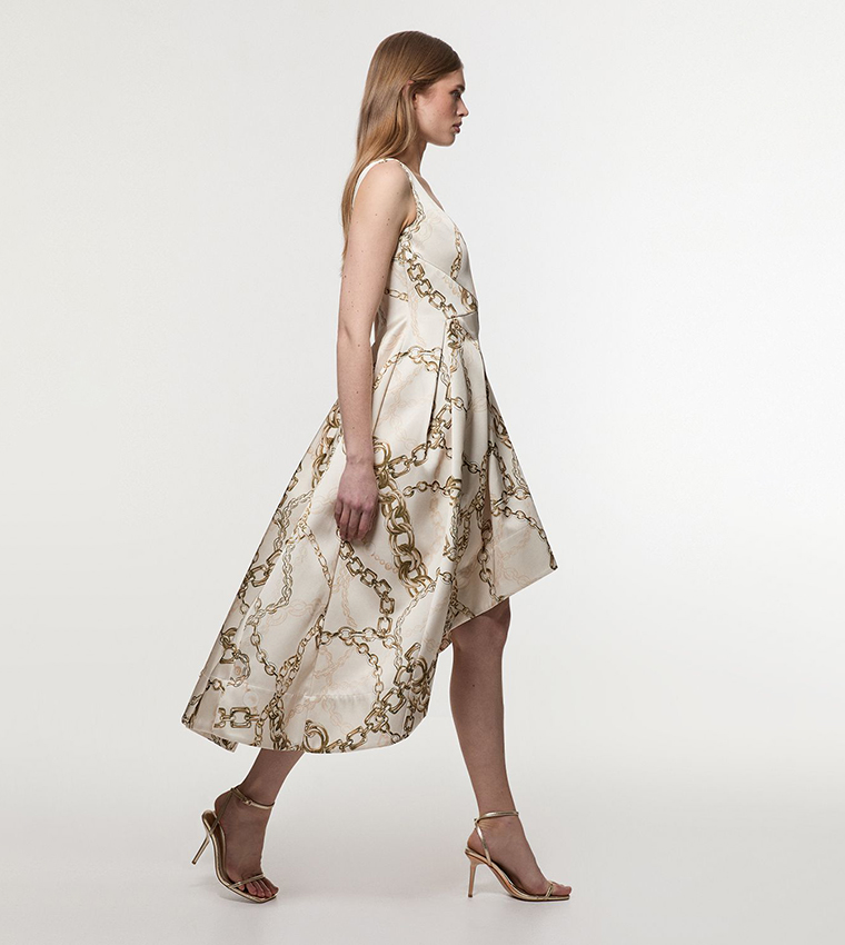 فستان ميدي ساتان فسكوز بنقشة 