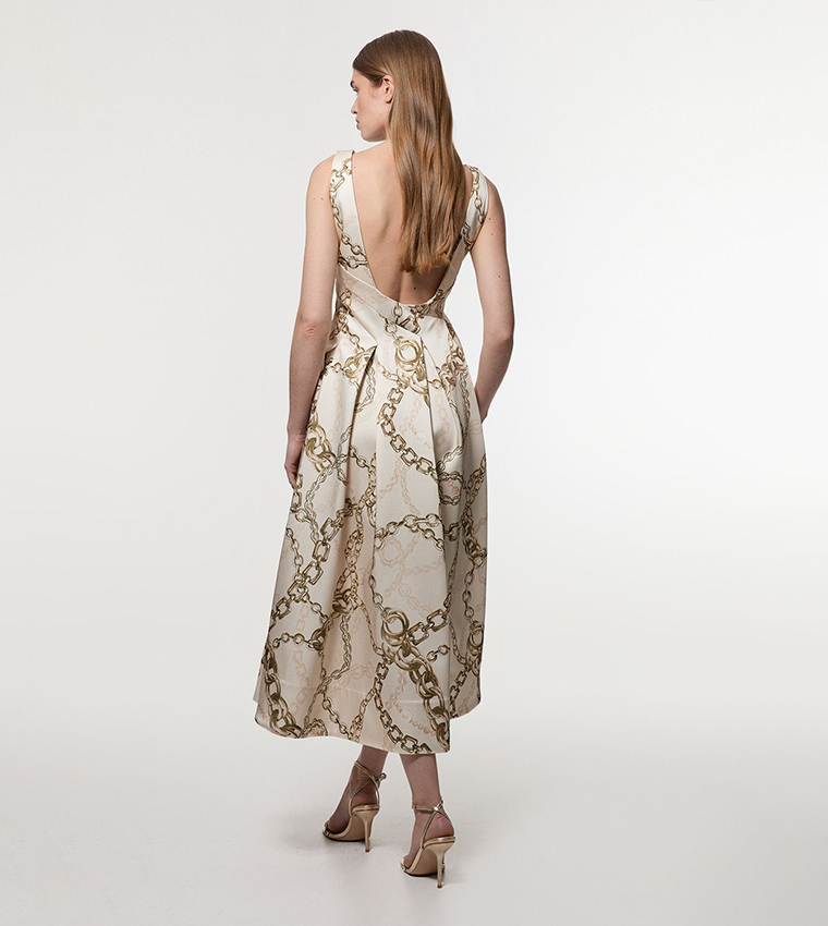 فستان ميدي ساتان فسكوز بنقشة 