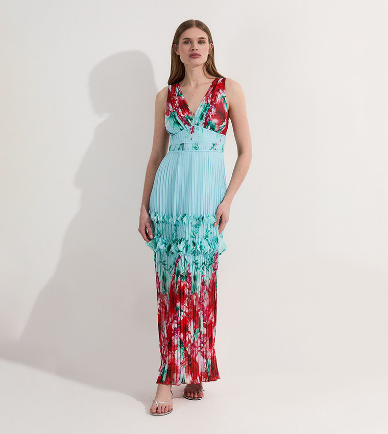 Floral Print Pleated Detail Strappy Maxi Dress