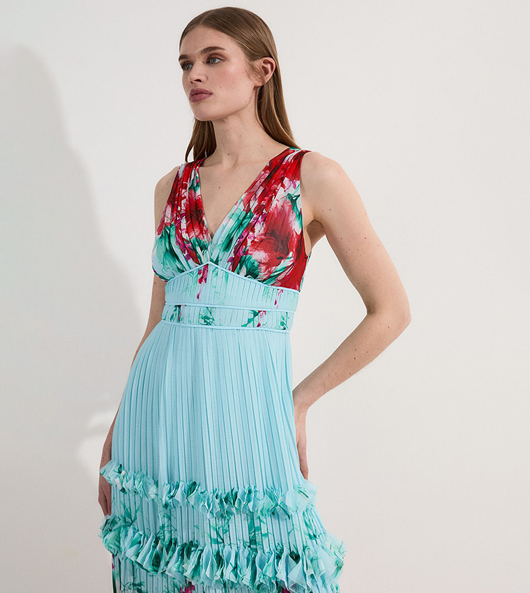 Floral Print Pleated Detail Strappy Maxi Dress