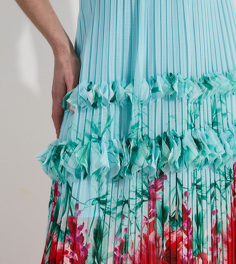 Floral Print Pleated Detail Strappy Maxi Dress