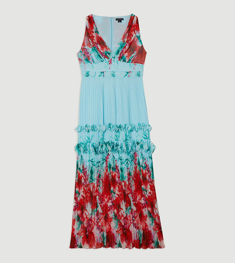 Floral Print Pleated Detail Strappy Maxi Dress