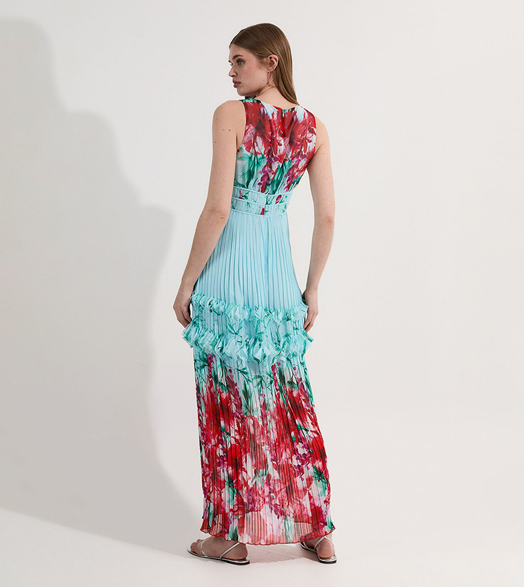Floral Print Pleated Detail Strappy Maxi Dress