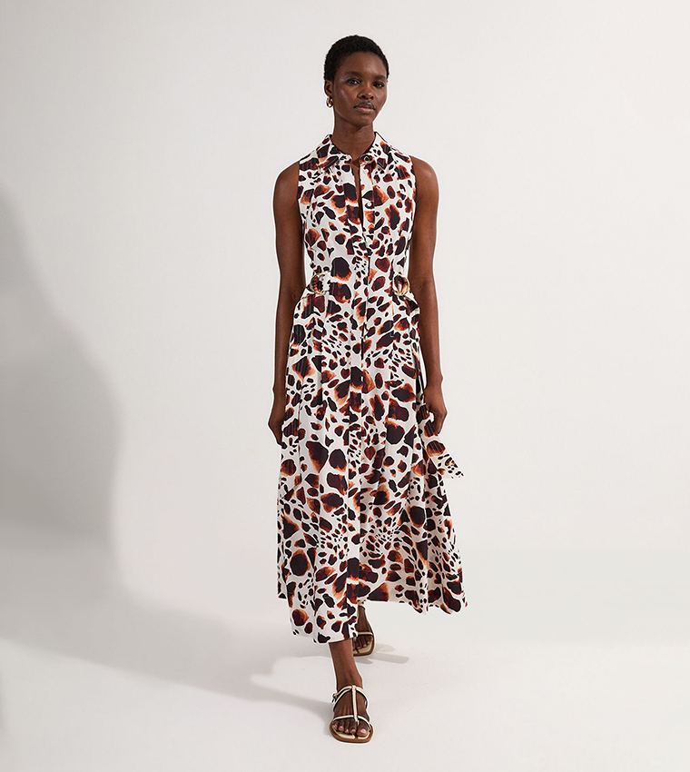 Premium Viscose Linen Topstitch Halter Neck Woven Midi Dress With D Ring Detail