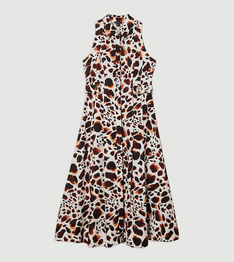 Premium Viscose Linen Topstitch Halter Neck Woven Midi Dress With D Ring Detail