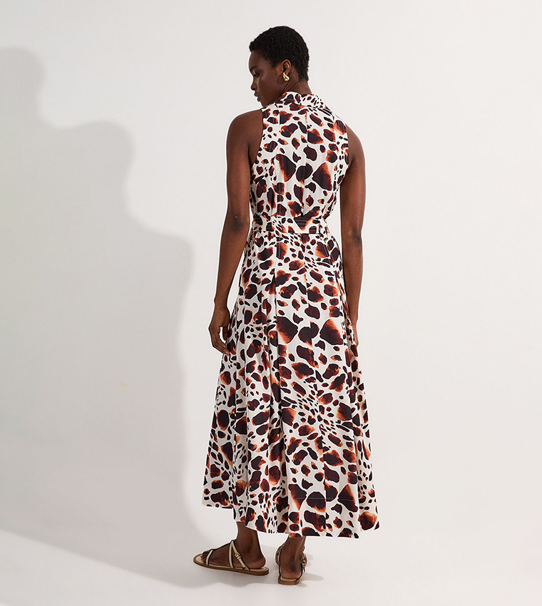 Premium Viscose Linen Topstitch Halter Neck Woven Midi Dress With D Ring Detail