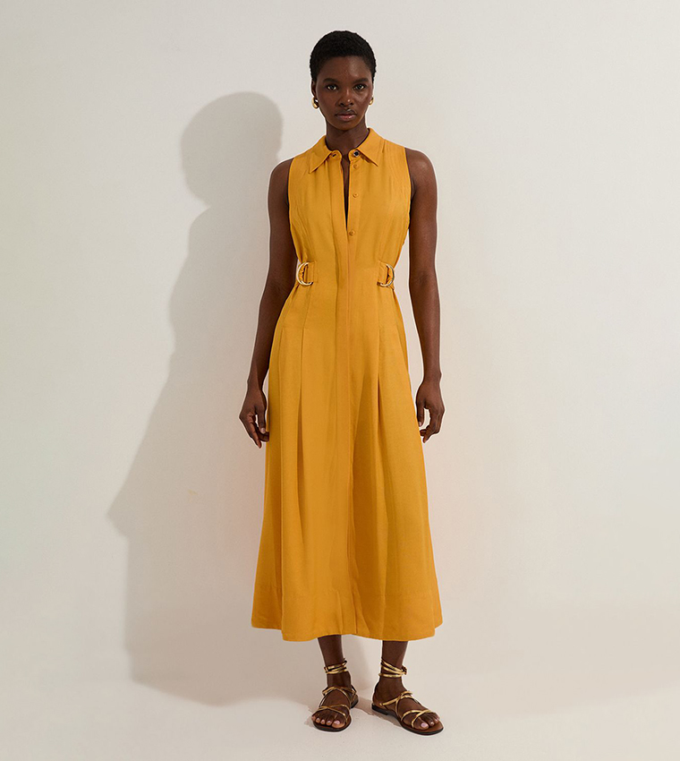 Premium Viscose Linen Topstitch Halter Neck Woven Midi Dress With D Ring Detail