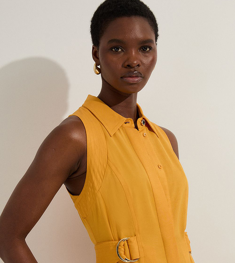 Premium Viscose Linen Topstitch Halter Neck Woven Midi Dress With D Ring Detail