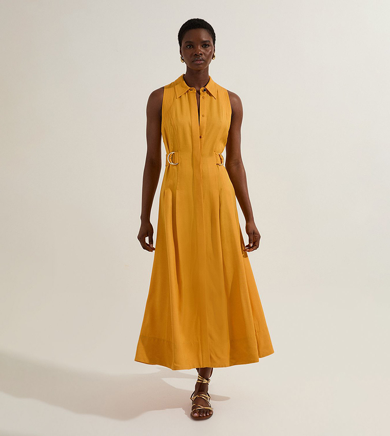 Premium Viscose Linen Topstitch Halter Neck Woven Midi Dress With D Ring Detail