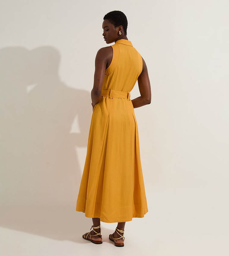 Premium Viscose Linen Topstitch Halter Neck Woven Midi Dress With D Ring Detail