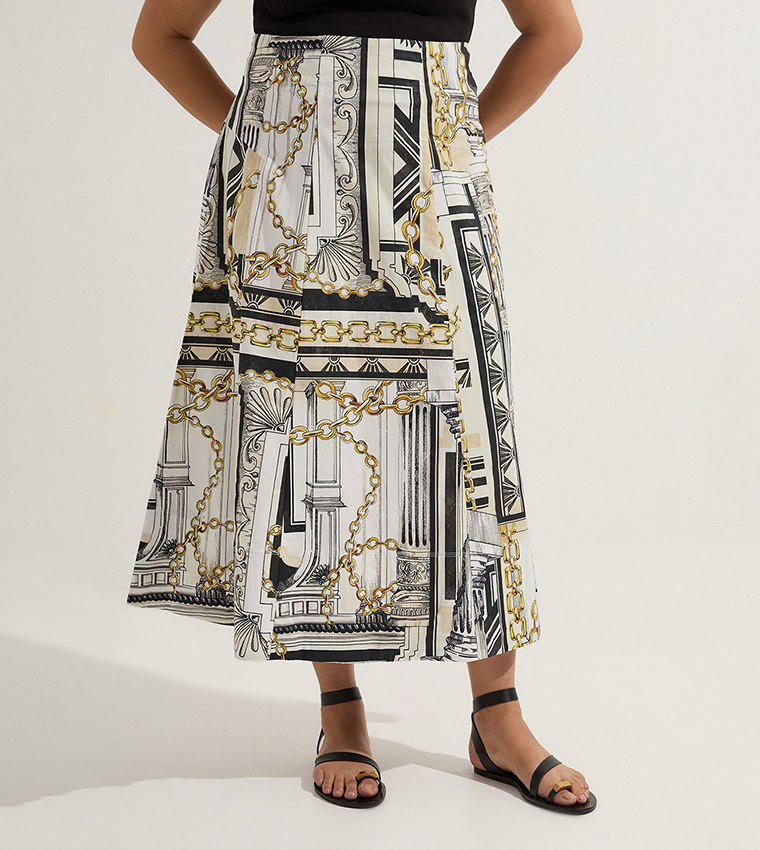 Curve Roma Print Cotton Sateen Woven Drama Midi Skirt