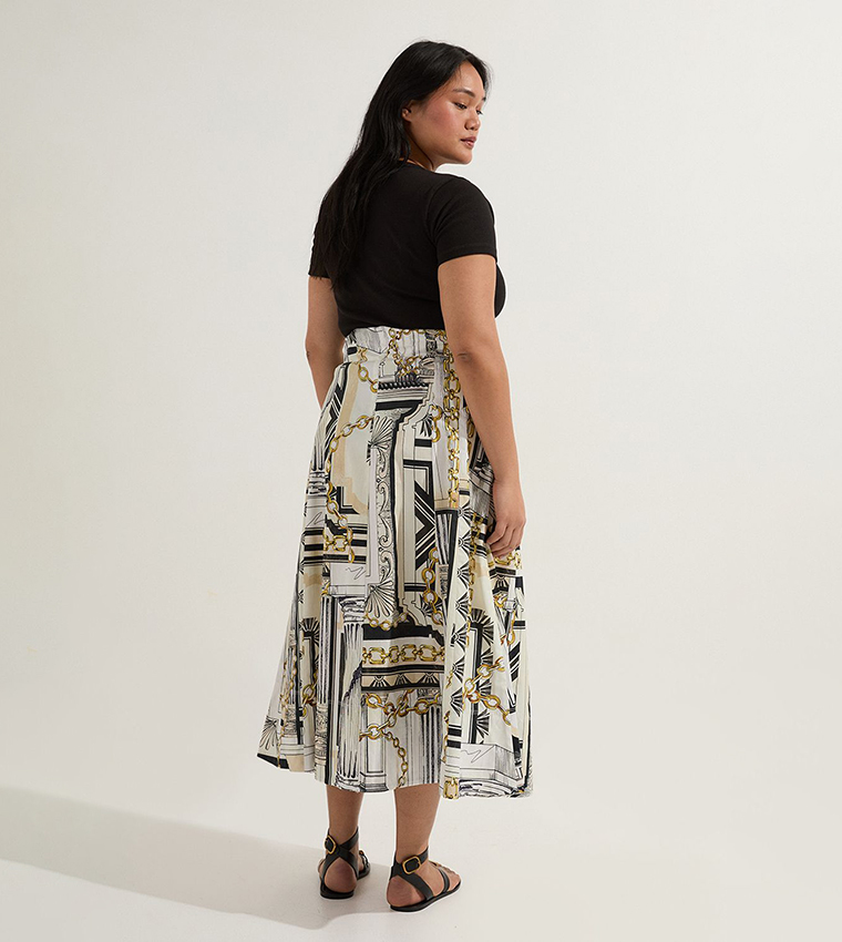 Curve Roma Print Cotton Sateen Woven Drama Midi Skirt