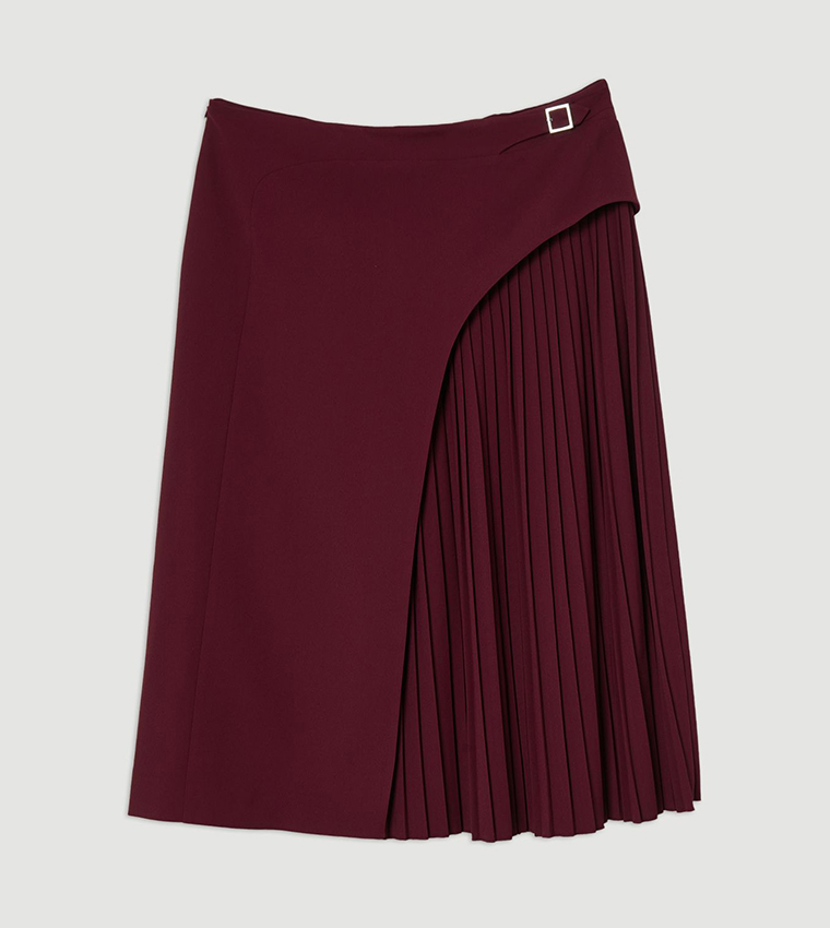 Curve Tailored Buckle Detail Pleated Midi Skirt