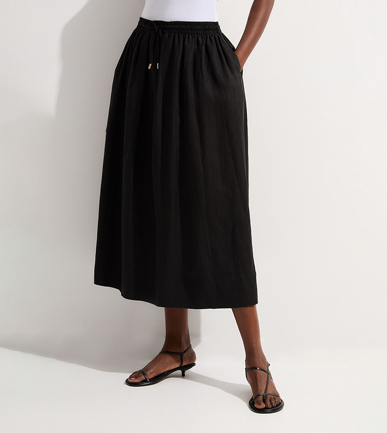 Viscose Linen Tie Waist Woven Full Midi Skirt