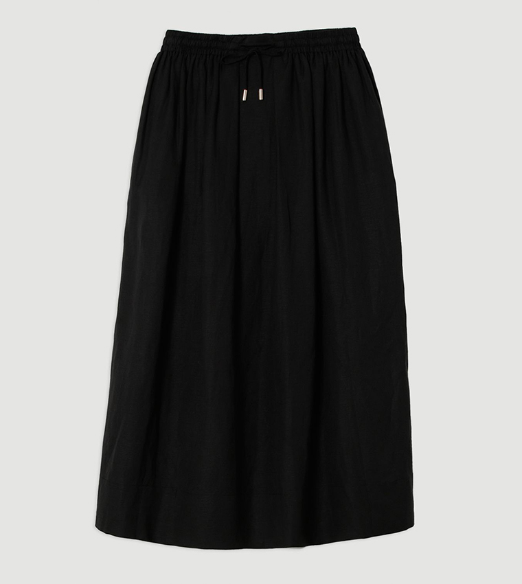 Viscose Linen Tie Waist Woven Full Midi Skirt