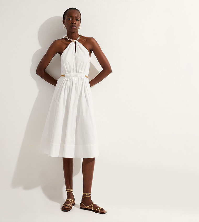Buy Karen Millen Cotton Poplin Chain Halter Neck Woven Maxi Dress In White  | 6thstreet Bahrain