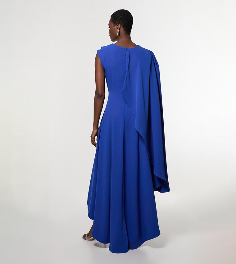 karen millen blue cape dress KAREN MILLEN Blue Bandage Figure Form Knit Woven Cape Detail Maxi Dres   Reliked