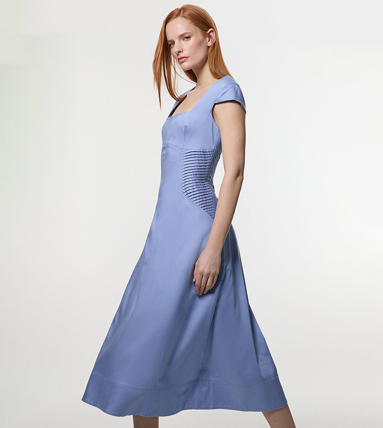 Premium Linen Pintuck Detail Full Skirted Tailored Midi Dress
