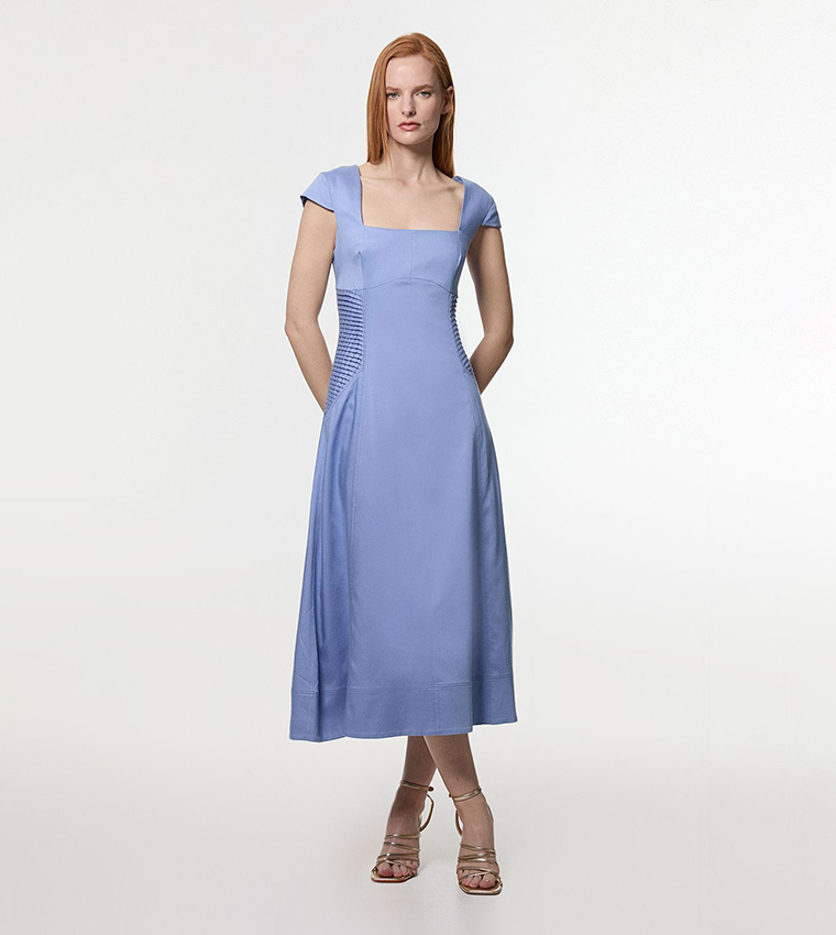 Premium Linen Pintuck Detail Full Skirted Tailored Midi Dress