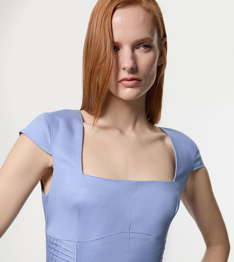 Premium Linen Pintuck Detail Full Skirted Tailored Midi Dress
