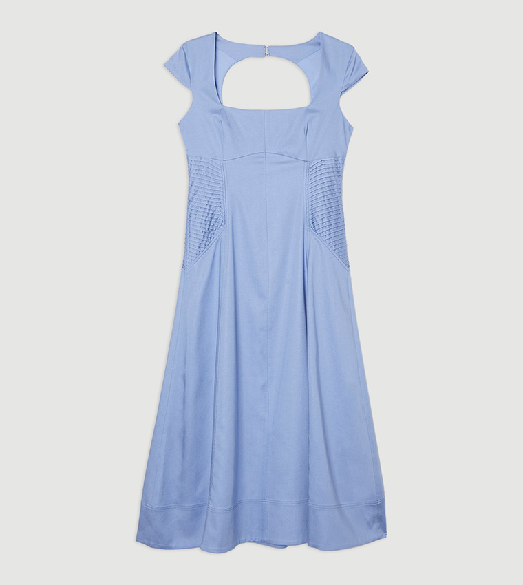 Premium Linen Pintuck Detail Full Skirted Tailored Midi Dress