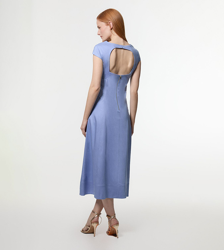Premium Linen Pintuck Detail Full Skirted Tailored Midi Dress