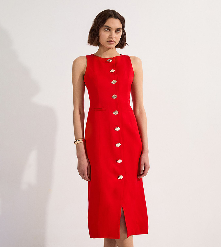 Viscose Linen Tailored Statement Button Front Midi Dress
