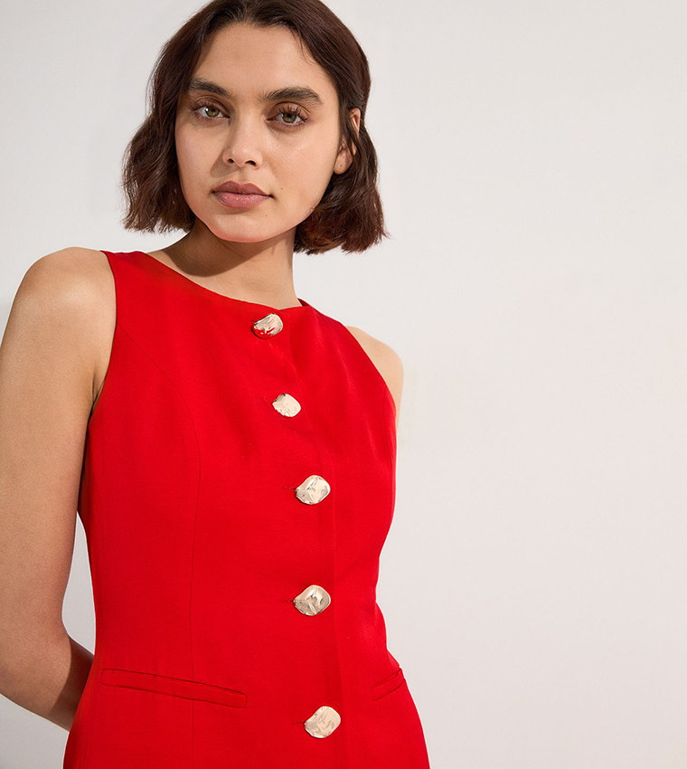 Viscose Linen Tailored Statement Button Front Midi Dress