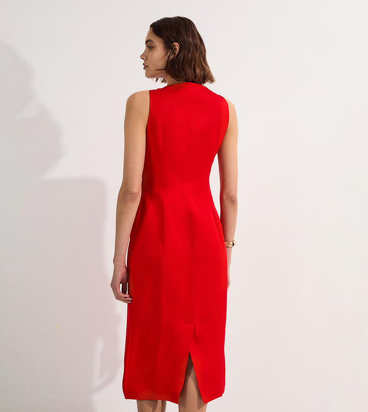 Viscose Linen Tailored Statement Button Front Midi Dress