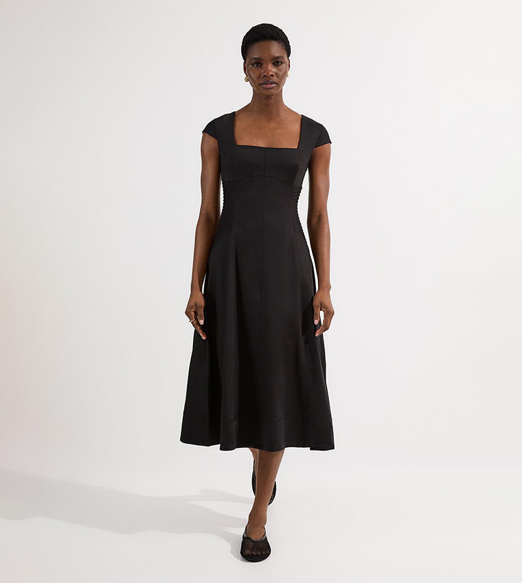 Petite Premium Linen Pintuck Detail Full Skirted Tailored Midi Dress