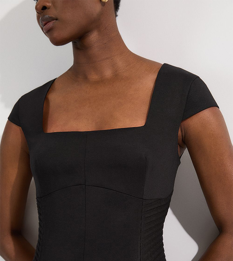 Petite Premium Linen Pintuck Detail Full Skirted Tailored Midi Dress