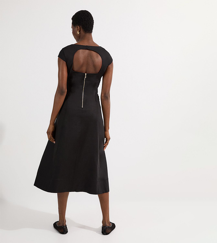 Petite Premium Linen Pintuck Detail Full Skirted Tailored Midi Dress